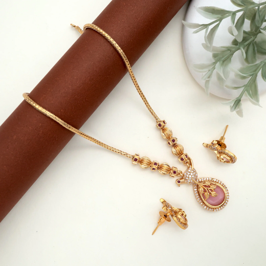 Matte finishing with baby-pink stone flower designed Short Necklace - Image 3