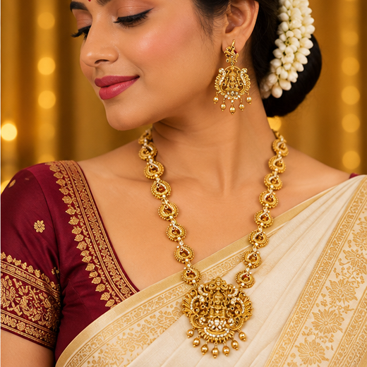 Matte finishing traditional South Indian Temple Long Haram Necklace - Image 4