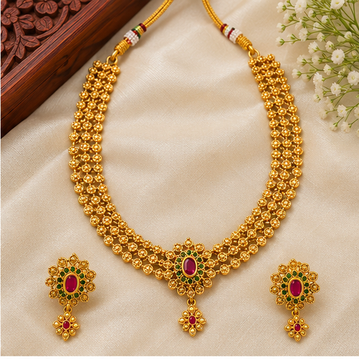Traditional Gold-Plated Beaded Necklace Set with Matching Earrings - Image 2