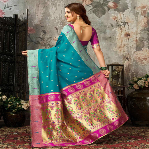 Teal Blue Silk Woven Paithani Saree - Image 4