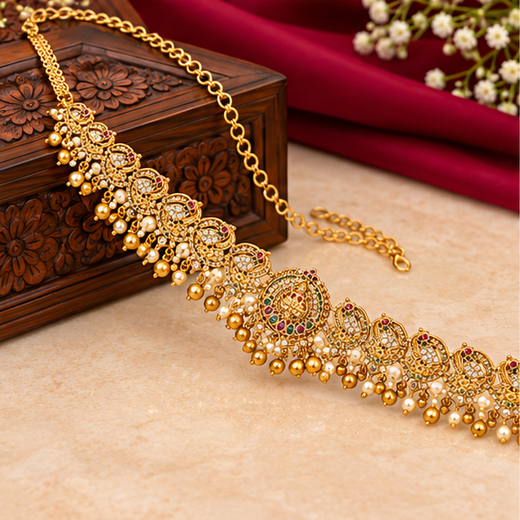 Matte Finishing Peacock Design With Multi-Stones Chain Vaddanam - Image 3