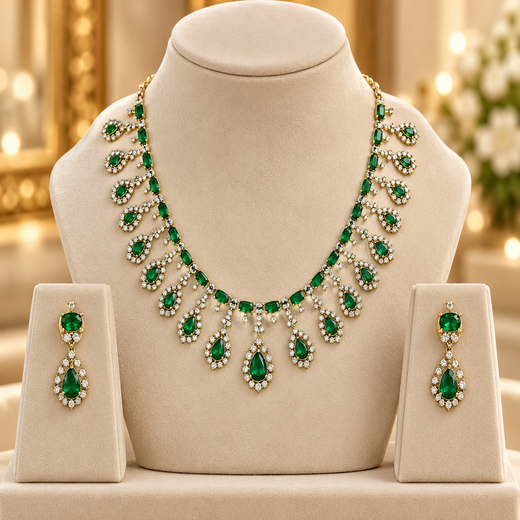 Victorian finishing American Diamond and Green stones Short Necklace