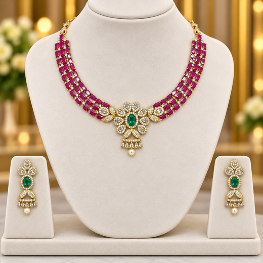 Cubic zirconia (American diamond) with pink & emerald-green stone Kanti