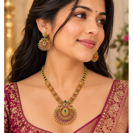 Elegant Emerald Stone Peacock Short Necklace - Image 4