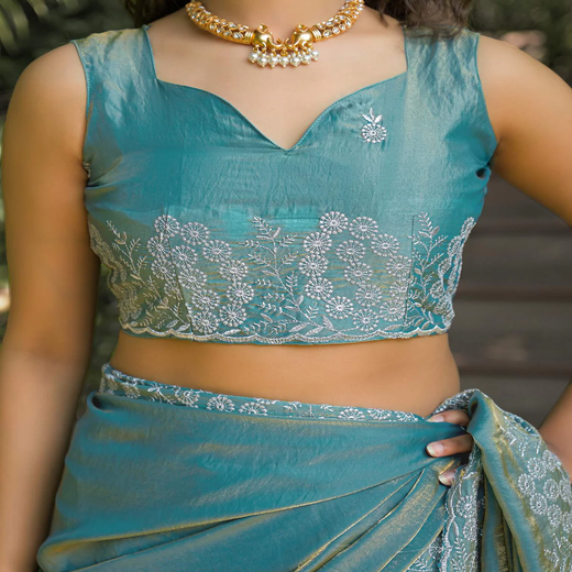 Dusty Teal Green Shimmer Tissue Embroidery Saree - Image 2