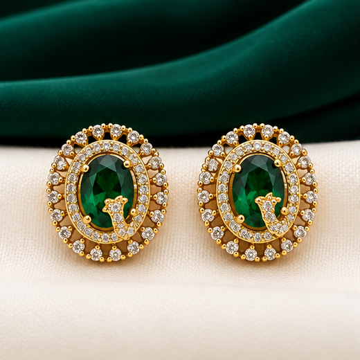 Victorian Finish American Diamonds With Green Stone Stud Earring