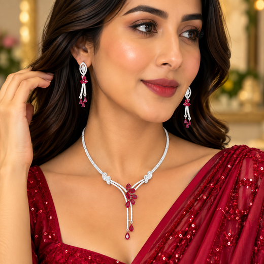 Silver American Diamonds stones deep ruby-red teardrop and floral-shaped stones Short Necklace