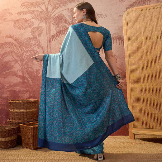Light Blue Crepe Silk Printed Saree - Image 4