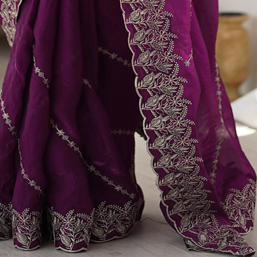 Magenta Tissue Silk Embroidery Saree - Image 3