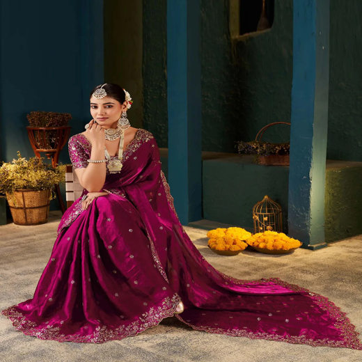 Rani Pink Tissue Satin Sequence Embroidery Saree - Image 4