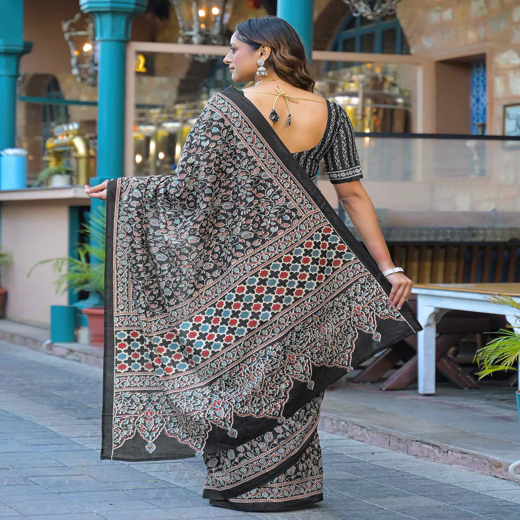 Black Cotton Printed Saree - Image 4