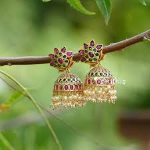 kempu jhumka white (American Diamond) stones, accented with delicate pearl drops Earrings - Image 4