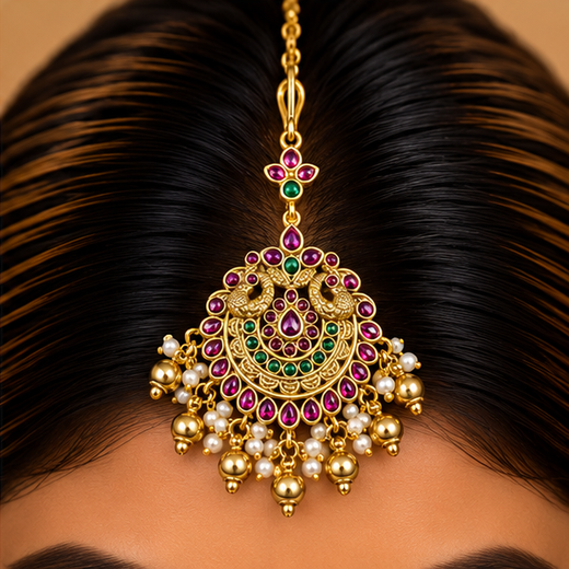 Matte Finishing Peacock Design Pink & Geen Stones With Golden Balls Maang Tikka - Image 2