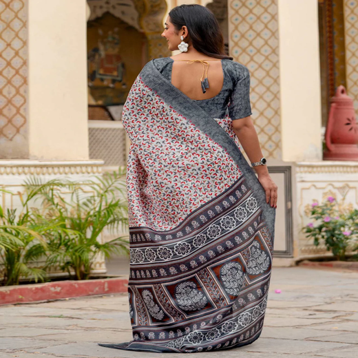 Off White Khadi Printed Saree - Image 4