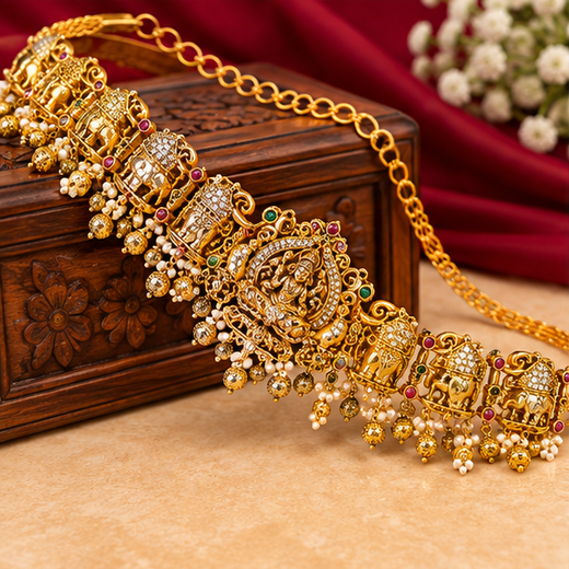 Matte finishing Lord Lakshmi Designed with Elephant and lotus Chain Vaddanam - Image 3