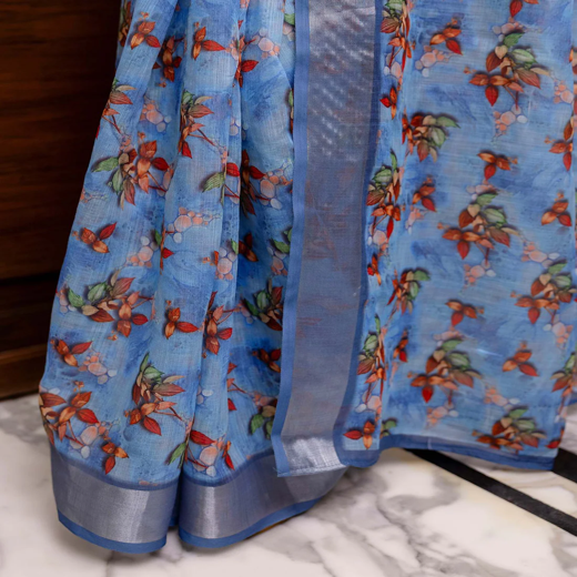 Ready To Wear Blue Linen Woven Border Printed Saree - Image 3