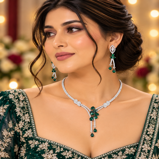 Silver American Diamonds stones deep Green teardrop and floral-shaped stones Short Necklace