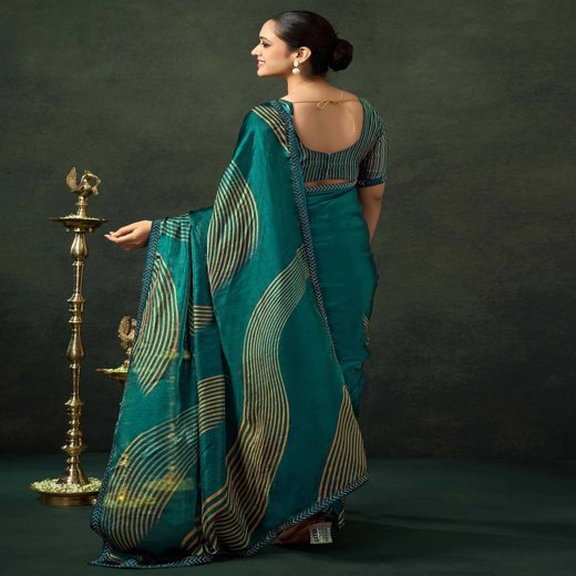 Rama Green Organza Printed Swarovski Saree - Image 4