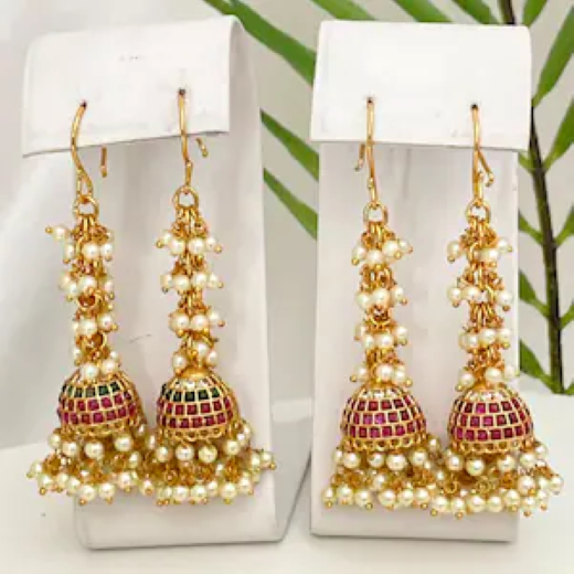 Matte Finish Multi-Stone Pearl Jhumka Earrings | Artificial Jewellery - Image 3