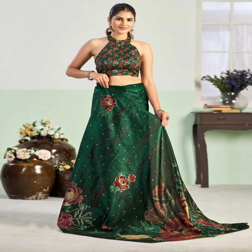 Mouni Roy Green Floral Blossom Ready To Wear Foil Saree - Image 3