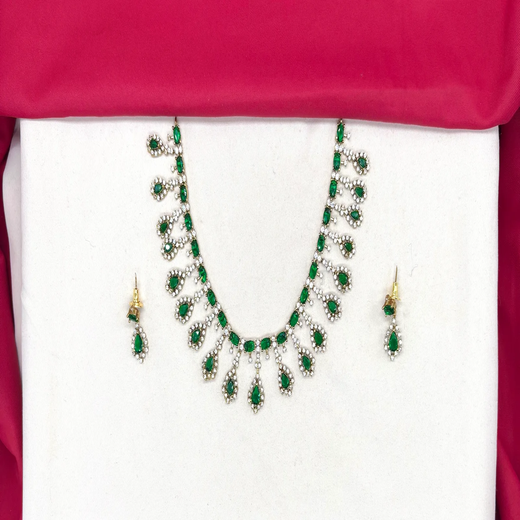 Victorian finishing American Diamond and Green stones Short Necklace - Image 2