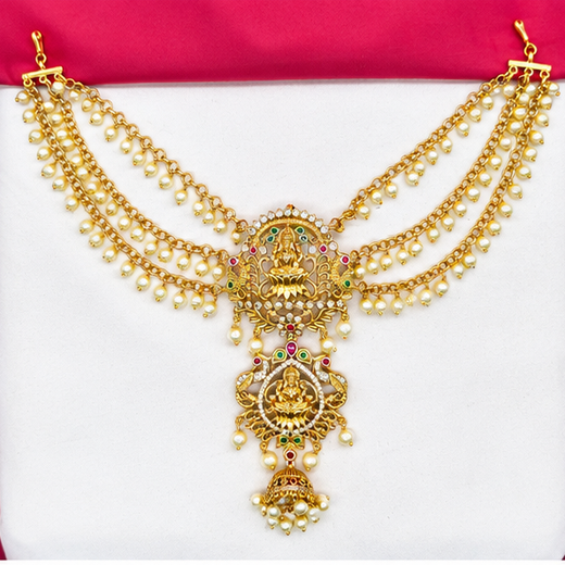 Matte Finishing Peacock Design With Multi-Stones And White Pearls Jadai Billai