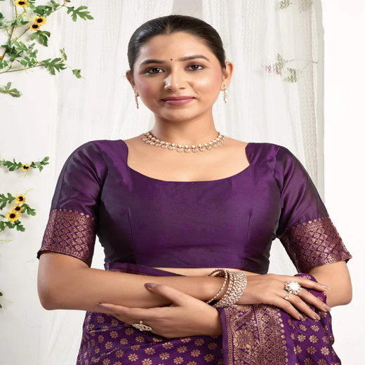 Dark Purple Silk Woven Banarasi Saree - Image 2