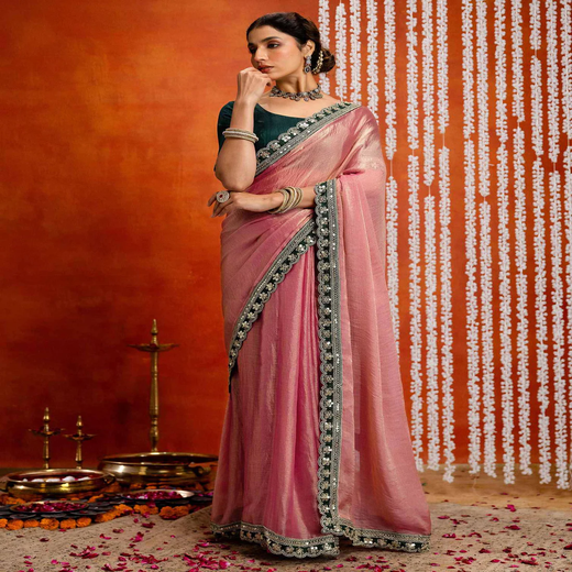 Light Pink Crush Tissue Sequence Lace Saree