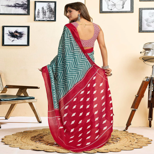 Ready To Wear Green Cotton Printed Saree - Image 4