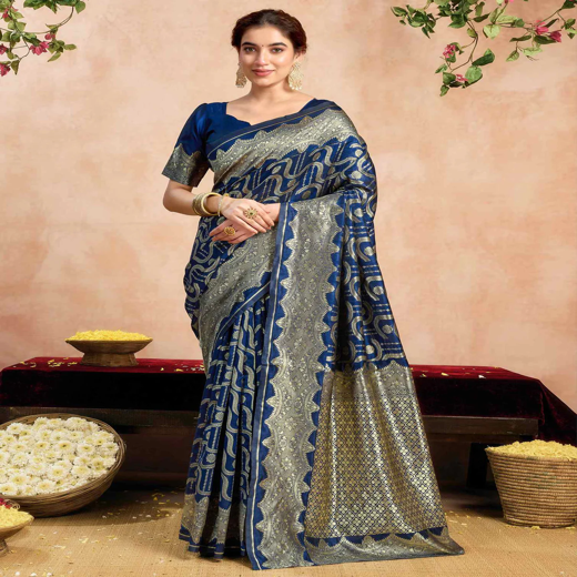 Navy Blue Silk Woven Banarasi Saree