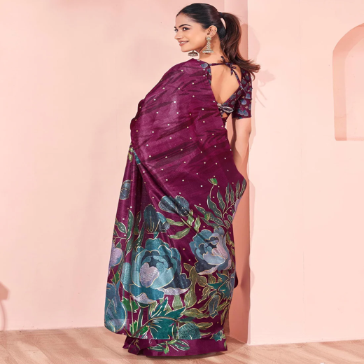 Ready To Wear Dark Magenta Silk Foil Printed Saree - Image 3