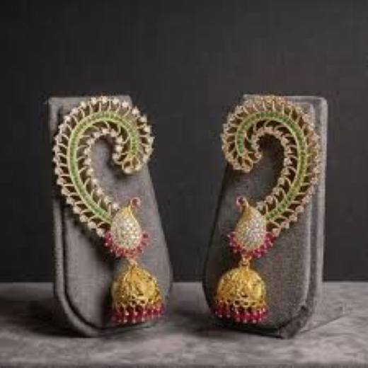 Gold Earcuff Jhumakas with Peacock Design | Artificial Jewellery - Image 2