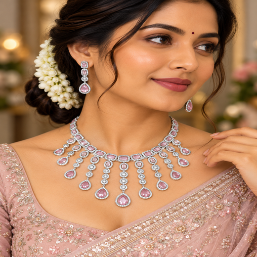 Silver Short Necklace with Baby-Pink Stone's - Image 4