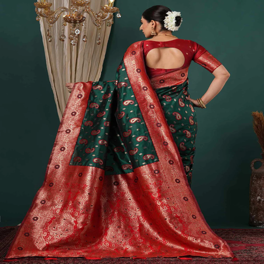 Dark Green Silk Woven Banarasi Saree - Image 4
