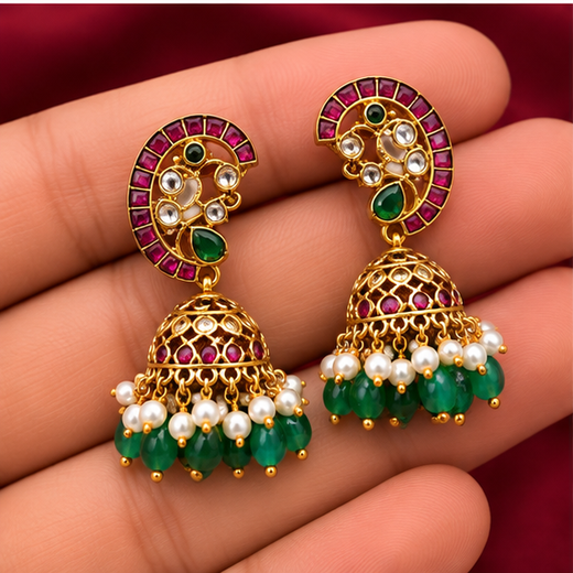 Jadau Kundan with Green Beads Jhumkas Earring - Image 3