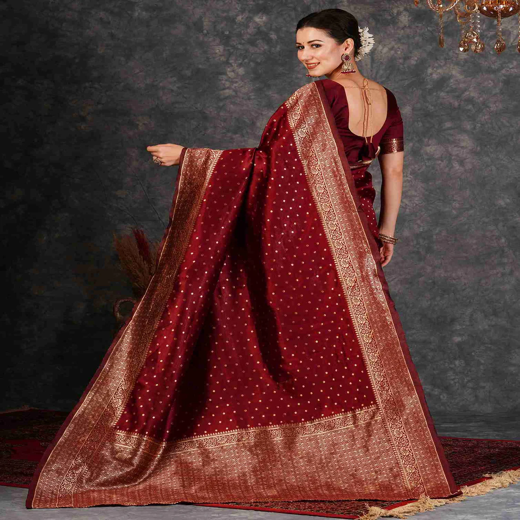Maroon Silk Woven Banarasi Saree - Image 4