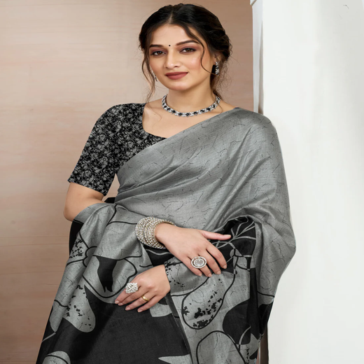 Grey Bhagalpuri Silk Printed Saree - Image 2