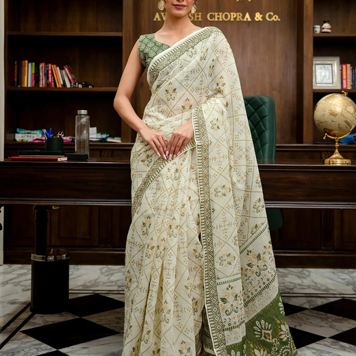 Cream Linen Printed Saree