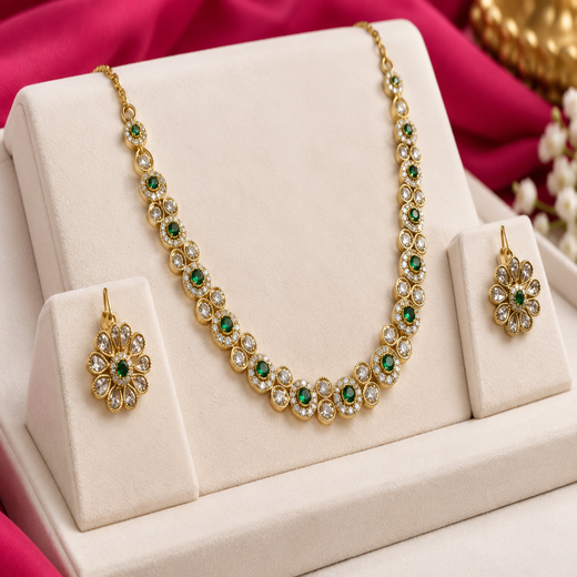 Matte finishing American Diamonds with Green stones Short Necklace - Image 3