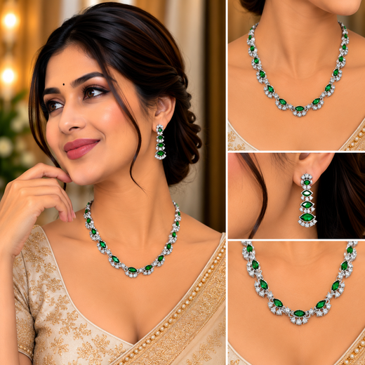 Silver finishing Green Stone Short Necklace - Image 4