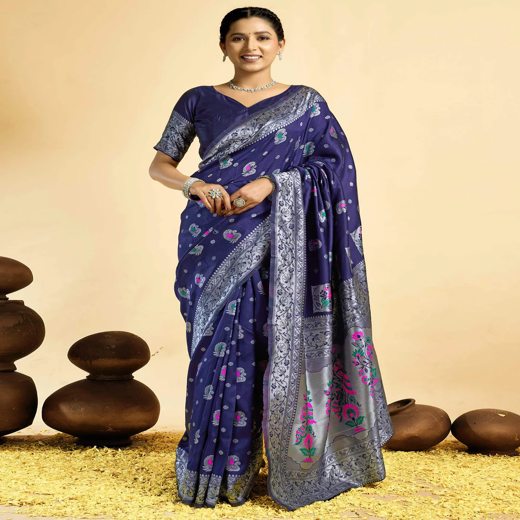 Navy Blue Silk Woven Paithani Saree