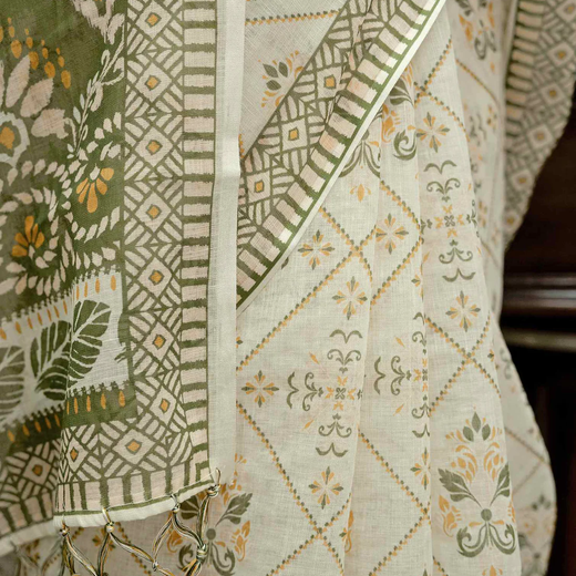 Cream Linen Printed Saree - Image 3
