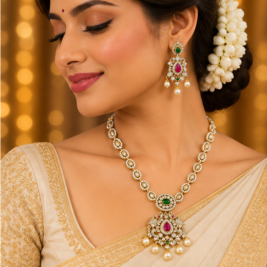 Matte finishing white stones pearls with Elephant design Long Haram - Image 4