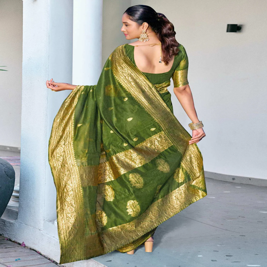 Olive Green Chanderi Woven Saree - Image 4