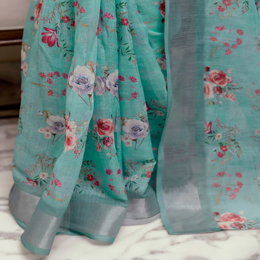 Ready To Wear Turquoise Linen Woven Border Floral Printed Saree - Image 3