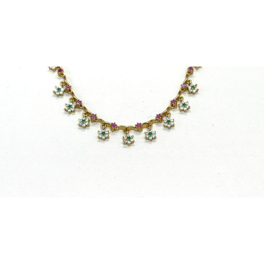 Gold-plated floral pink rubies emeralds short Necklace - Image 2