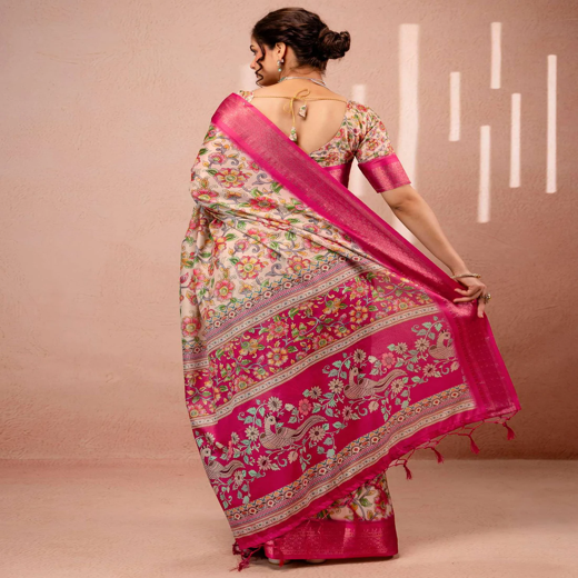Beige Silk Kalamkari Printed Woven Border Saree - Image 4