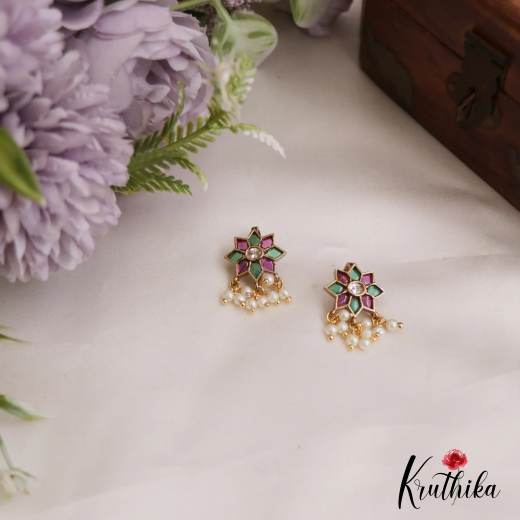 Gold-plated flower design green & pink stones faux pearl drops