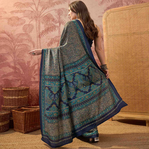 Navy Blue Crepe Silk Printed Saree - Image 4