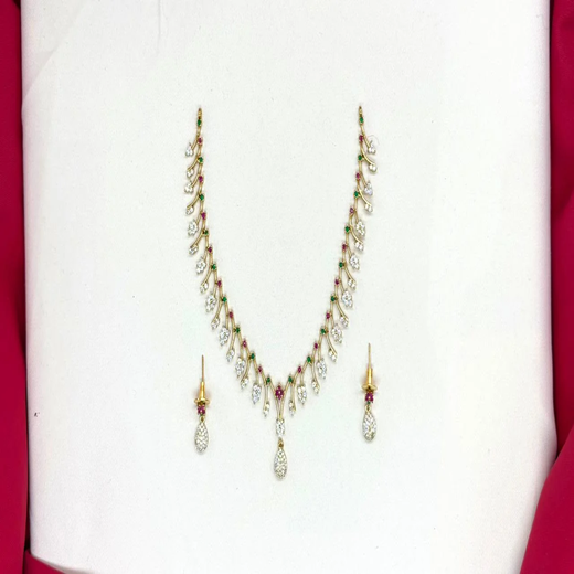 Rhodium-gold polish pink/green AD stones lightweight Short Necklace